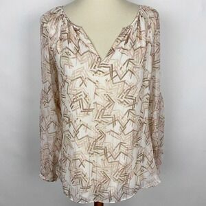 WHITE HOUSE BLACK MARKET Geometric Print VNeck‎ Balloon Sleeve  Blouse Womens 4
